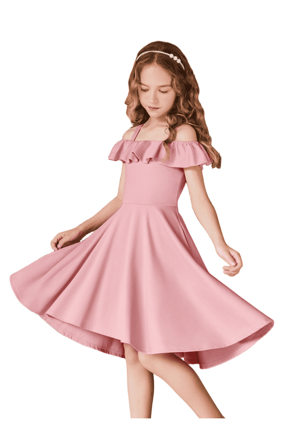 Girls Off Shoulder Dress Flutter Sleeve Summer Midi Swing Dress with Pockets Formal Dress Pink 4-13Y