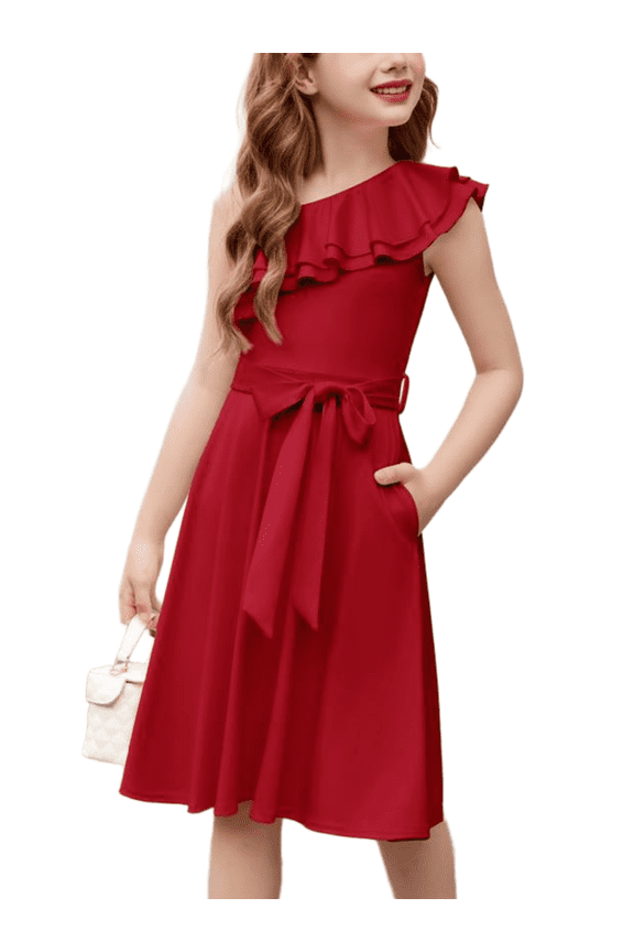 Girls One Shoulder Dress Formal Ruffle Trim Birthday Party Dresses with Belted Pockets for Kids 5-12Y