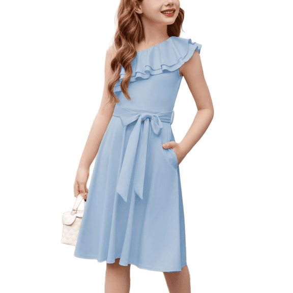 Oudiya Girls One Shoulder Dress Formal Ruffle Trim Birthday Party Dresses with Belted Pockets for Kids 5-12Y