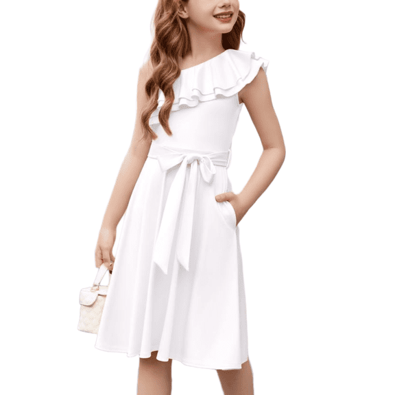 Oudiya Girls One Shoulder Dress Formal Ruffle Trim Birthday Party Dresses with Belted Pockets for Kids 5-12Y