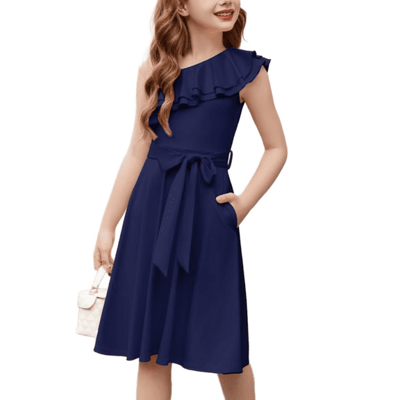 Oudiya Girls One Shoulder Dress Formal Ruffle Trim Birthday Party Dresses with Belted Pockets for Kids 5-12Y