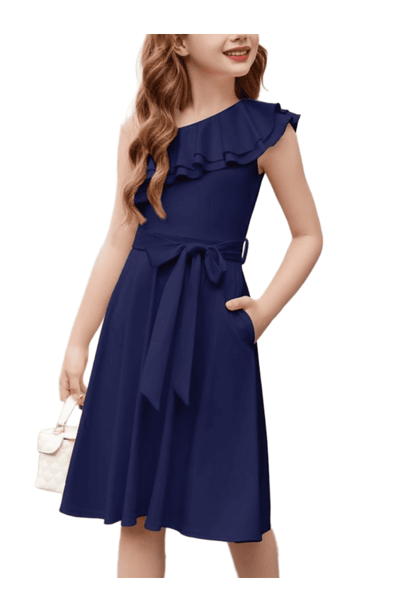 Girls One Shoulder Dress Formal Ruffle Trim Birthday Party Dresses with Belted Pockets for Kids 5-12Y