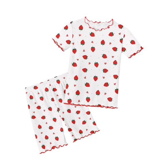 Oudiya Girls Pajamas Cute Pjs Set Lettuce Trim Snug Fit Loungewear Summer Kid Sleepwear, 2-12Y