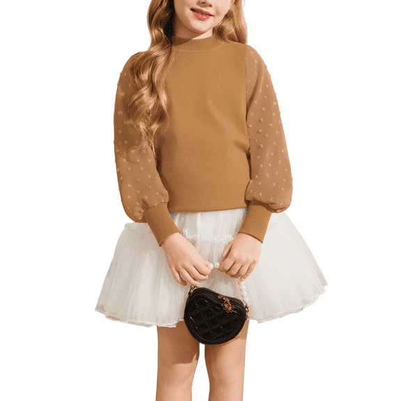 Oudiya Girls Puff Long Sleeve Sweaters Crew Neck Polka Dot Pullover Casual Brown Tops for Kids 5-14Y