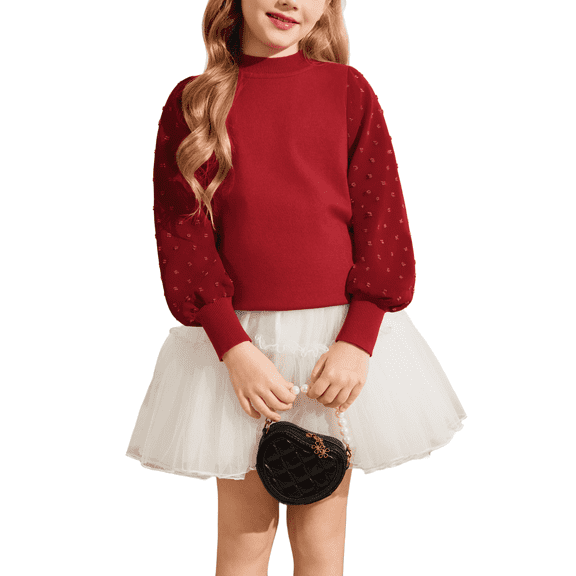 Oudiya Girls Puff Long Sleeve Sweaters Crew Neck Polka Dot Pullover Casual Red Tops for Kids 5-14Y