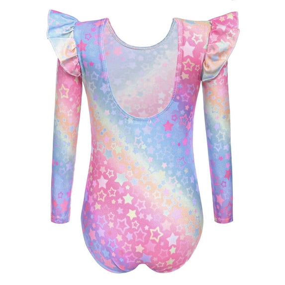 Oudiya Girls Ruffle Long Sleeve Gymnastics Leotard Low Back Glitter Ballet Leotards for Kids 3-10Y