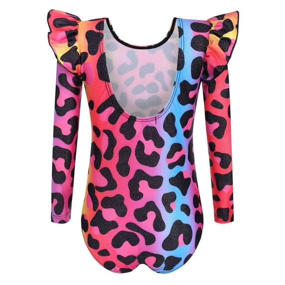 Oudiya Girls Ruffle Long Sleeve Gymnastics Leotard Low Back Glitter Ballet Leotards for Kids 3-10Y