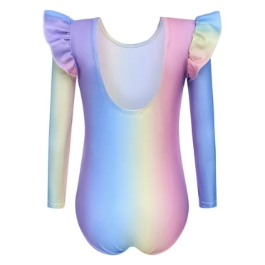 Oudiya Girls Ruffle Long Sleeve Gymnastics Leotard Low Back Glitter Ballet Leotards for Kids 3-10Y