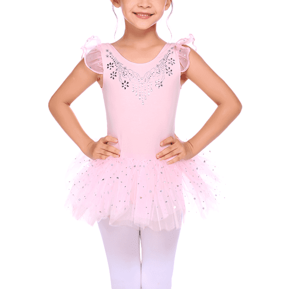 Oudiya Girls Ruffle Sleeve Shiny Ballet Leotard Tutu Dance Dresses for Ballerina Kids 3-11Y