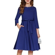 Oudiya Girls Scallop Trim Party Dress A-Line Formal Midi Belted Dresses with Pockets for kids 6-15Y