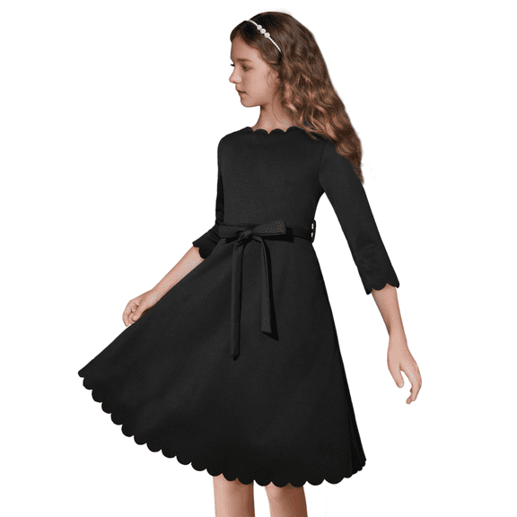 Oudiya Girls Scallop Trim Party Dress A-Line Formal Midi Belted Dresses with Pockets for kids 6-15Y
