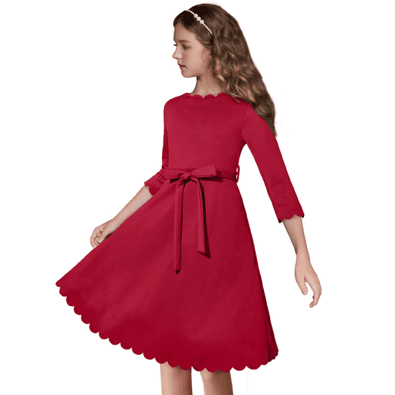 Oudiya Girls Scallop Trim Party Dress A-Line Formal Midi Belted Dresses with Pockets for kids 6-15Y