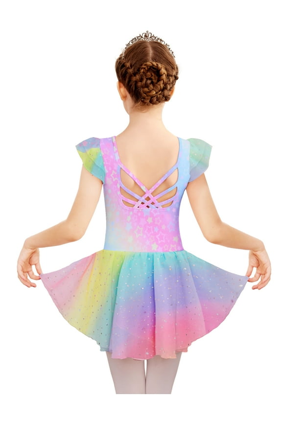 Girls Shiny Ruffle Sleeve Ballet Leotard with Skirt Criss Cross Back Dance Outfit for Ballerina Kids 3-11Y