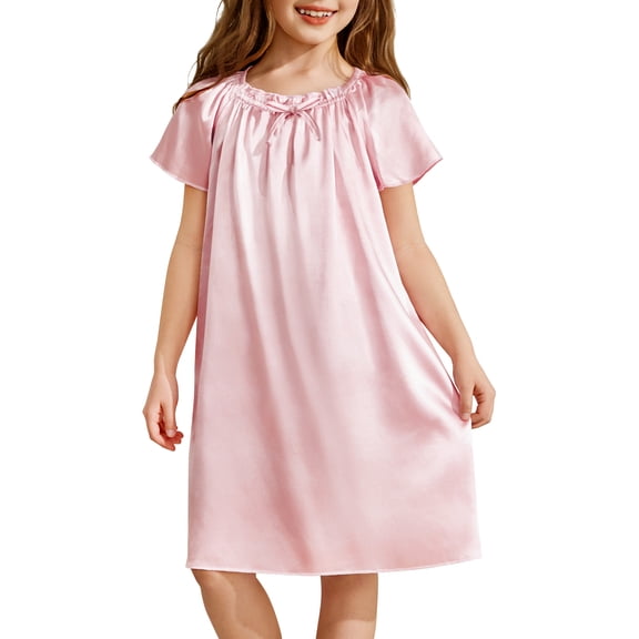 Oudiya Girls Short Sleeve Nightgown Silk Satin Pajama Dress Soft Princess Sleepwear for Kids 6-14Y