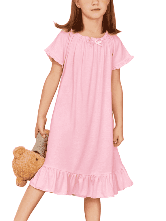 Girls Short Sleeve Nightgowns Princess Sleepwear with Ruffled Hem Pajama Dress for Kids 3-12 Years