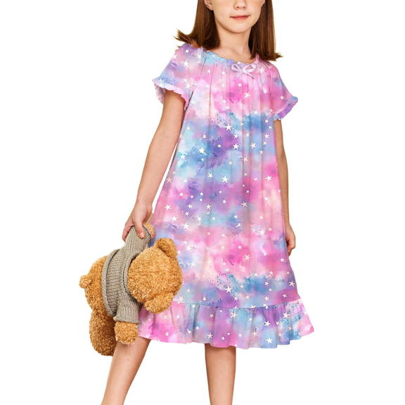 Oudiya Girls Short Sleeve Nightgowns Princess Sleepwear with Ruffled Hem Pajama Dress for Kids 3-12 Years