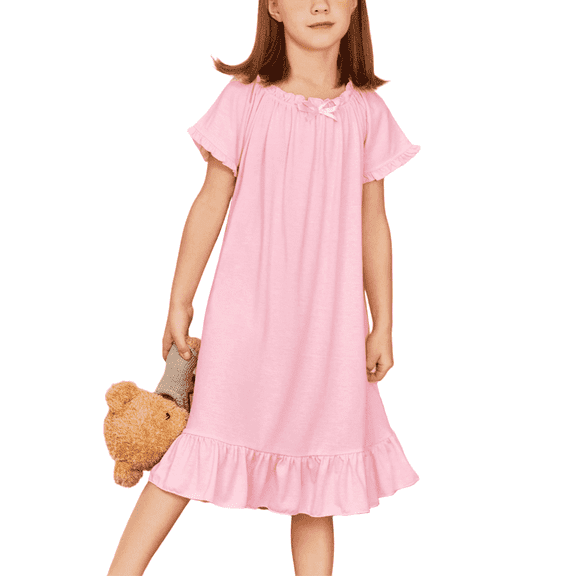 Oudiya Girls Short Sleeve Nightgowns Princess Sleepwear with Ruffled Hem Pajama Dress for Kids 3-12 Years