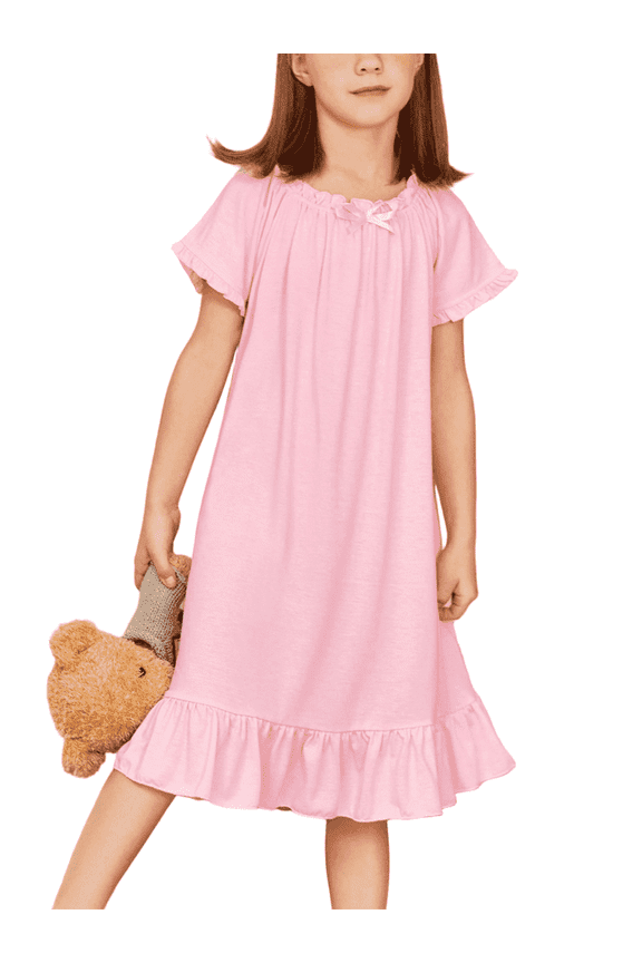 Girls Short Sleeve Nightgowns Princess Sleepwear with Ruffled Hem Pajama Dress for Kids 3-12 Years