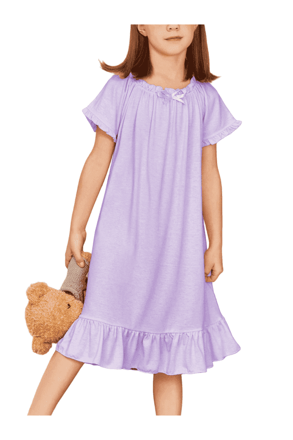 Girls Short Sleeve Nightgowns Princess Sleepwear with Ruffled Hem Pajama Dress for Kids 3-12 Years