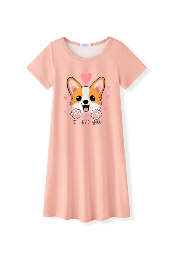 Girls Short Sleeve Nightgowns Soft Print Pajamas Sleepwear Nighties for Kids 4-12