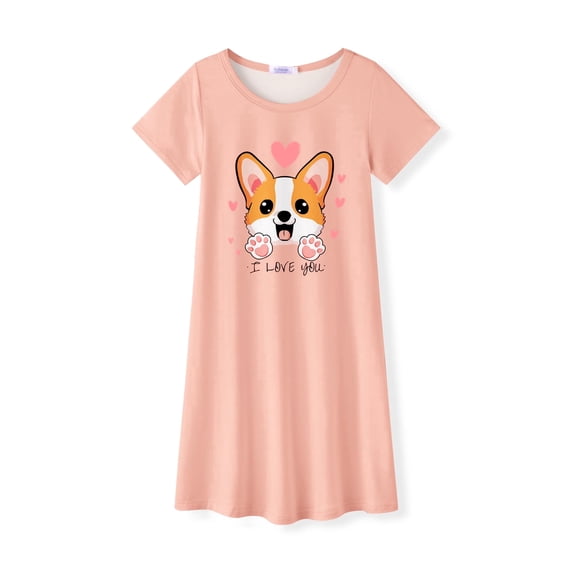 Oudiya Girls Short Sleeve Nightgowns Soft Print Pajamas Sleepwear Nighties for Kids 4-12