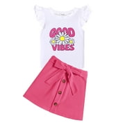 Oudiya Girls Skirt Set Summer Toddler 2 Pieces Outfits Ruffle Sleeveless Tops and Belt Skirts with Pocket Clothing Set 2-7Y