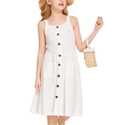 Oudiya Girls Spaghetti Strap Button Down Sleeveless Summer Casual Sundress A-Line Dress with Pockets White for 8-9Y
