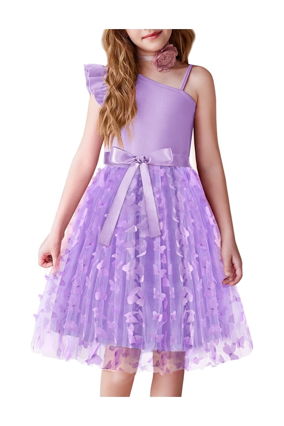 Girls Spring One Shoulder Dresses Ruffle Sleeveless Formal Birthday Party Tulle Belted Dress for Kids 4-12Y