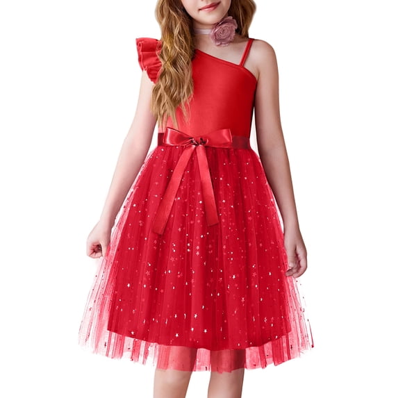 Oudiya Girls Spring One Shoulder Dresses Ruffle Sleeveless Formal Birthday Party Tulle Belted Dress for Kids 4-12Y