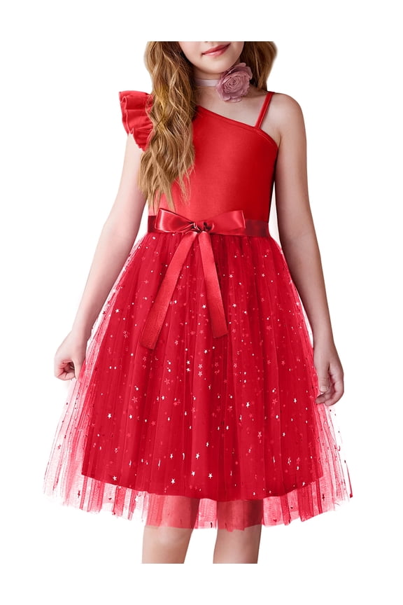 Girls Spring One Shoulder Dresses Ruffle Sleeveless Formal Birthday Party Tulle Belted Dress for Kids 4-12Y