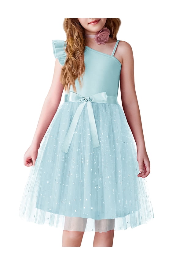 Girls Spring One Shoulder Dresses Ruffle Sleeveless Formal Birthday Party Tulle Belted Dress for Kids 4-12Y