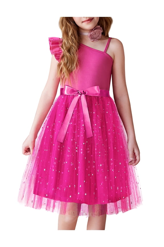Girls Spring One Shoulder Dresses Ruffle Sleeveless Formal Birthday Party Tulle Belted Dress for Kids 4-12Y