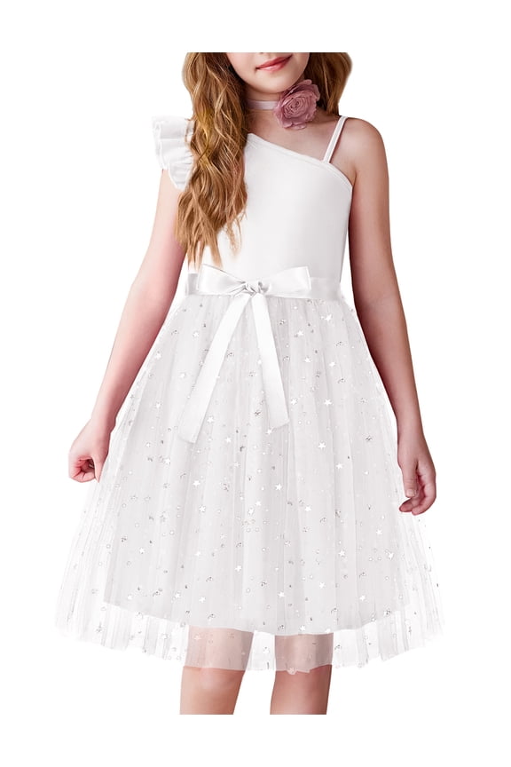 Girls Spring One Shoulder Dresses Ruffle Sleeveless Formal Birthday Party Tulle Belted Dress for Kids 4-12Y