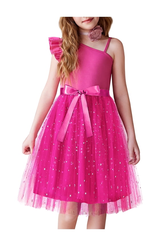 Girls Spring One Shoulder Dresses Ruffle Sleeveless Formal Birthday Party Tulle Belted Dress for Kids 4-12Y