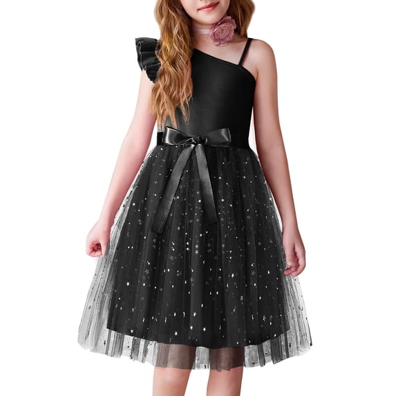 Oudiya Girls Spring One Shoulder Dresses Ruffle Sleeveless Formal Birthday Party Tulle Belted Dress for Kids 4-12Y