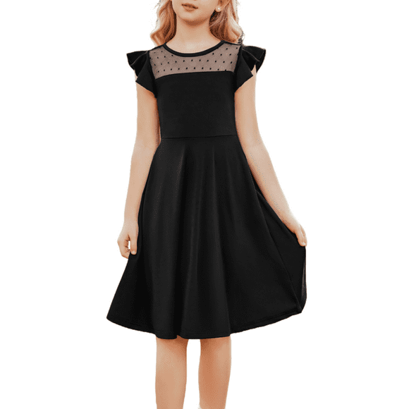 Girls Summer Black Dress Ruffle Sleeve Mesh A Line Casual Party Dresses with Pockets 6-13 Y