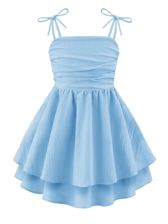 Girls Summer Blue Dresses Spaghetti Strap Flowy Tiered Ruched Smocked Back Casual Beach Midi Easter Sundress,6-14Y