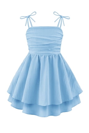 Girls Summer Blue Dresses Spaghetti Strap Flowy Tiered Ruched Smocked Back Casual Beach Midi Easter Sundress,6-14Y