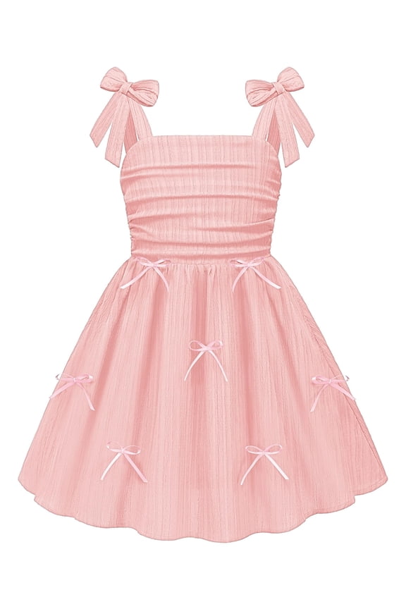 Girls Summer Dreeses Spaghetti Strap Bow Ruched Smocked Back Boho Beach Party Sundress, 4-14Y