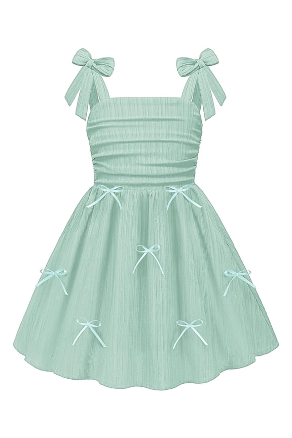 Girls Summer Dreeses Spaghetti Strap Bow Ruched Smocked Back Boho Beach Party Sundress, 4-14Y
