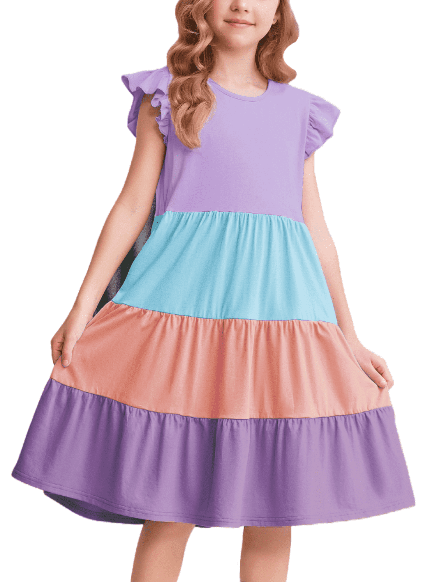 Oudiya Purple Dresses for Girls Ruffle Sleeve Tiered Swing Casual Midi  Sundress with Pockets for Kids 6-14Y - Walmart.com