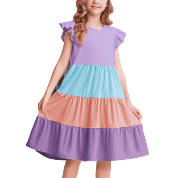 Oudiya Girls Summer Dress Ruffle Sleeve Tiered Swing Casual Midi Sundress with Pockets for Kids 6-14Y