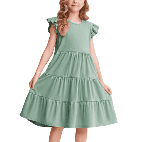 Oudiya Girls Summer Dress Ruffle Sleeve Tiered Swing Casual Midi Sundress with Pockets for Kids 6-14Y