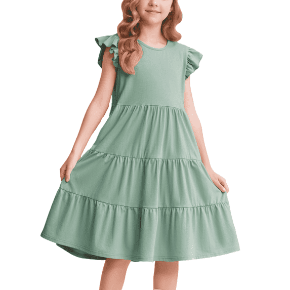 Oudiya Girls Summer Dress Ruffle Sleeve Tiered Swing Casual Midi Sundress with Pockets for Kids 6-14Y