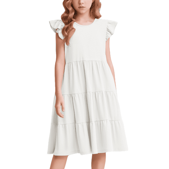 Oudiya Girls Summer White Dress Ruffle Sleeve Tiered Swing Casual Midi Sundress with Pockets for Kids 6-14Y