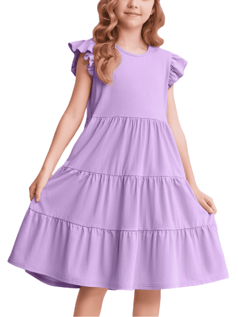 Oudiya Purple Dresses for Girls Ruffle Sleeve Tiered Swing Casual