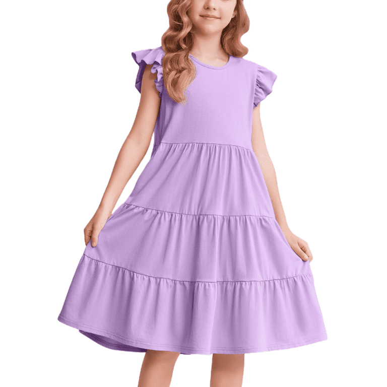 Oudiya Purple Dresses for Girls Ruffle Sleeve Tiered Swing