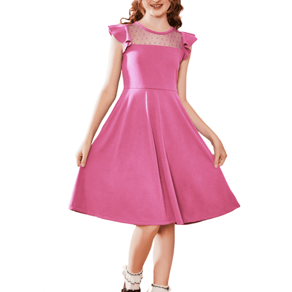 Oudiya Girls Summer Pink Dress Ruffle Sleeve Mesh A Line Casual Party Dresses with Pockets 6-13 Y