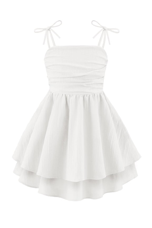 Girls Summer White Dresses Spaghetti Strap Flowy Tiered Ruched Smocked Back Casual Beach Midi Easter Sundress,6-14Y