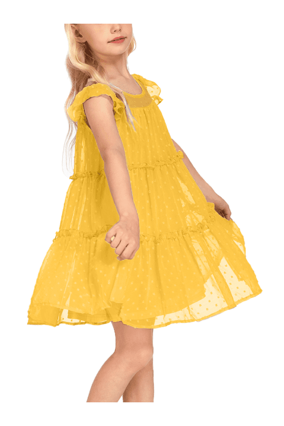 Girls Summer Yellow Dress Flared Sleeve Swiss Dots Party Pleated Dress for Kids 4-12Y